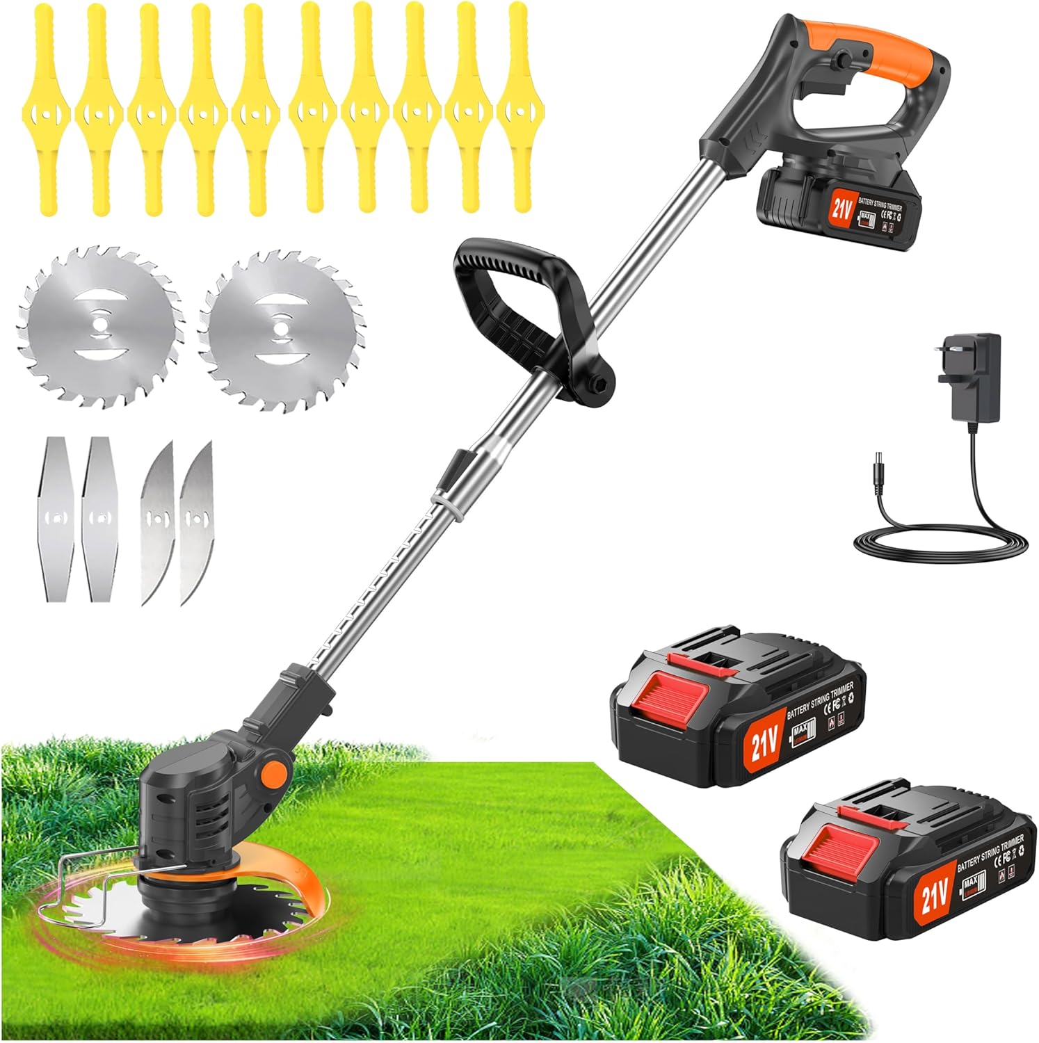 Metal Blade Cordless Strimmer 21v Grass Trimmers With16 Blades 15cm Cutting Diameter Cordless Strimmer Retractable Handle For Lawn Garden