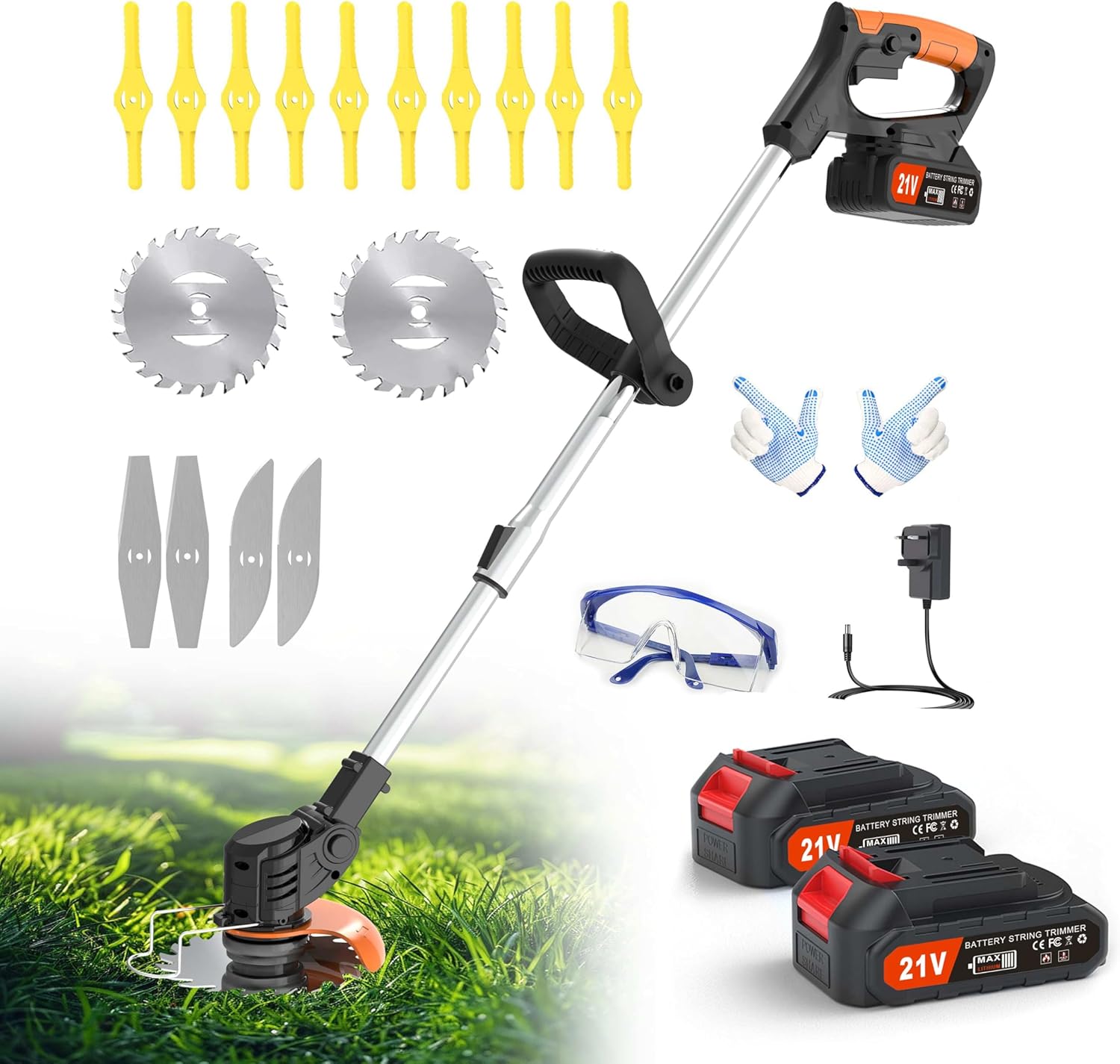 Cordless Strimmer 21V Li-ion Batteries Metal Blade Strimmer grass trimmers With Fast Charger 20 different types of blades for Garden Clearing Weeds Flower Trees (BLACK)